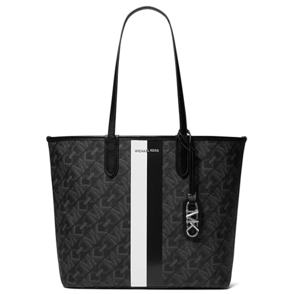 MICHAEL KORS Eliza Large East West Signature Open Tote, Black/Optic White, New